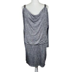 WHBM Small Cold Shoulder Silver Jersey Dress Beaded Shoulders Blouson Heathered